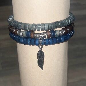 Triple Strand Beaded Wrap Bracelet with Feather Charm - Blue & Green